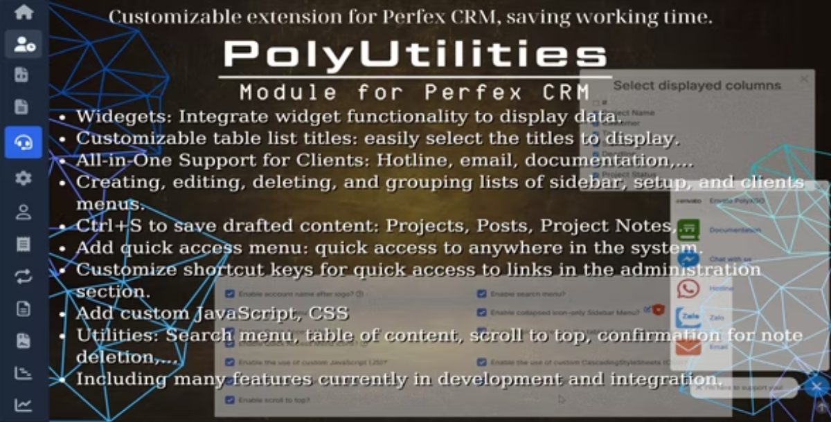 PolyUtilities for Perfex CRM: Quick Access Menu, Custom JS, CSS, and More